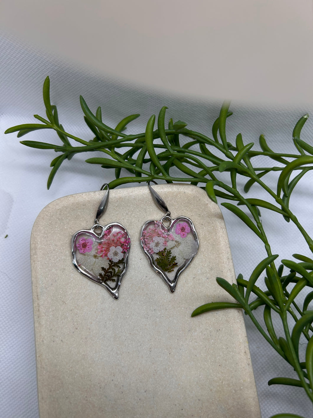 Floral silver heart dangle earrings
