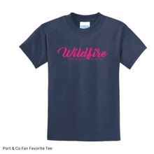 Load image into Gallery viewer, CCSC-WILDFIRE TEXT- Port and Co YOUTH Fan Favorite tee- Navy + pink
