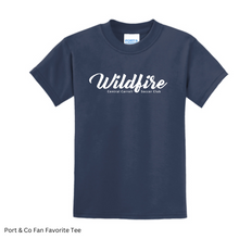 Load image into Gallery viewer, CCSC-WILDFIRE TEXT- Port and Co YOUTH Fan Favorite tee- Navy + white
