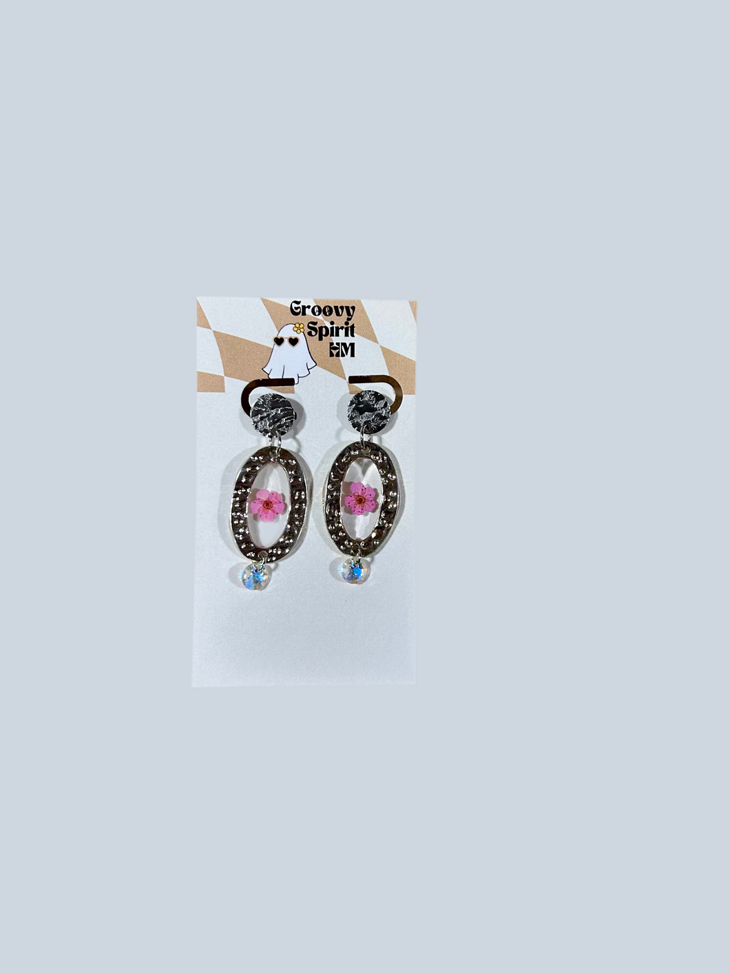 Silver frame pink floral earrings