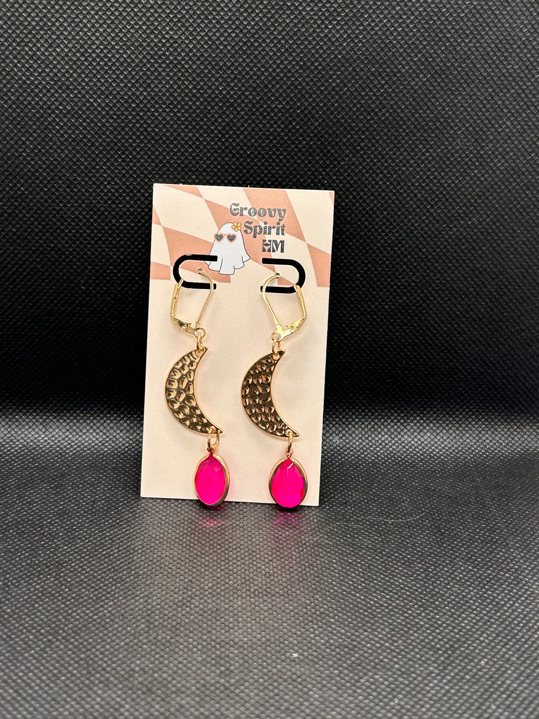 Pink and gold moon dangle earrings