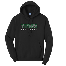 Load image into Gallery viewer, Titans Baseball Port&amp;Co core hooded sweatshirt-black- youth and adult
