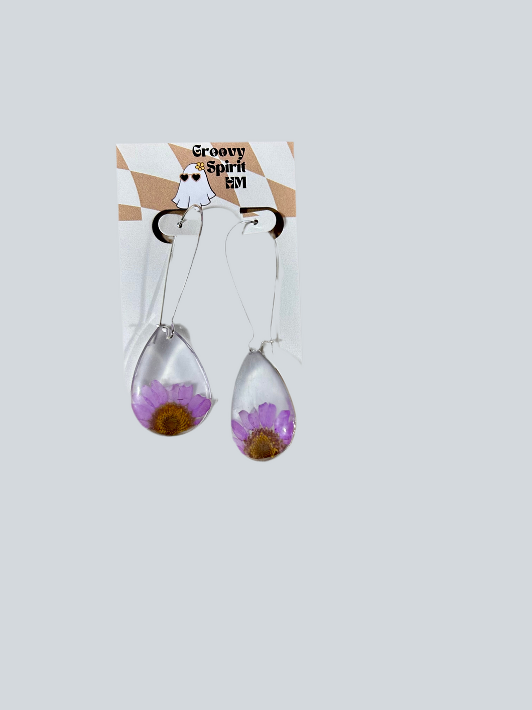 Purple daisy tear drop chandelier earrings
