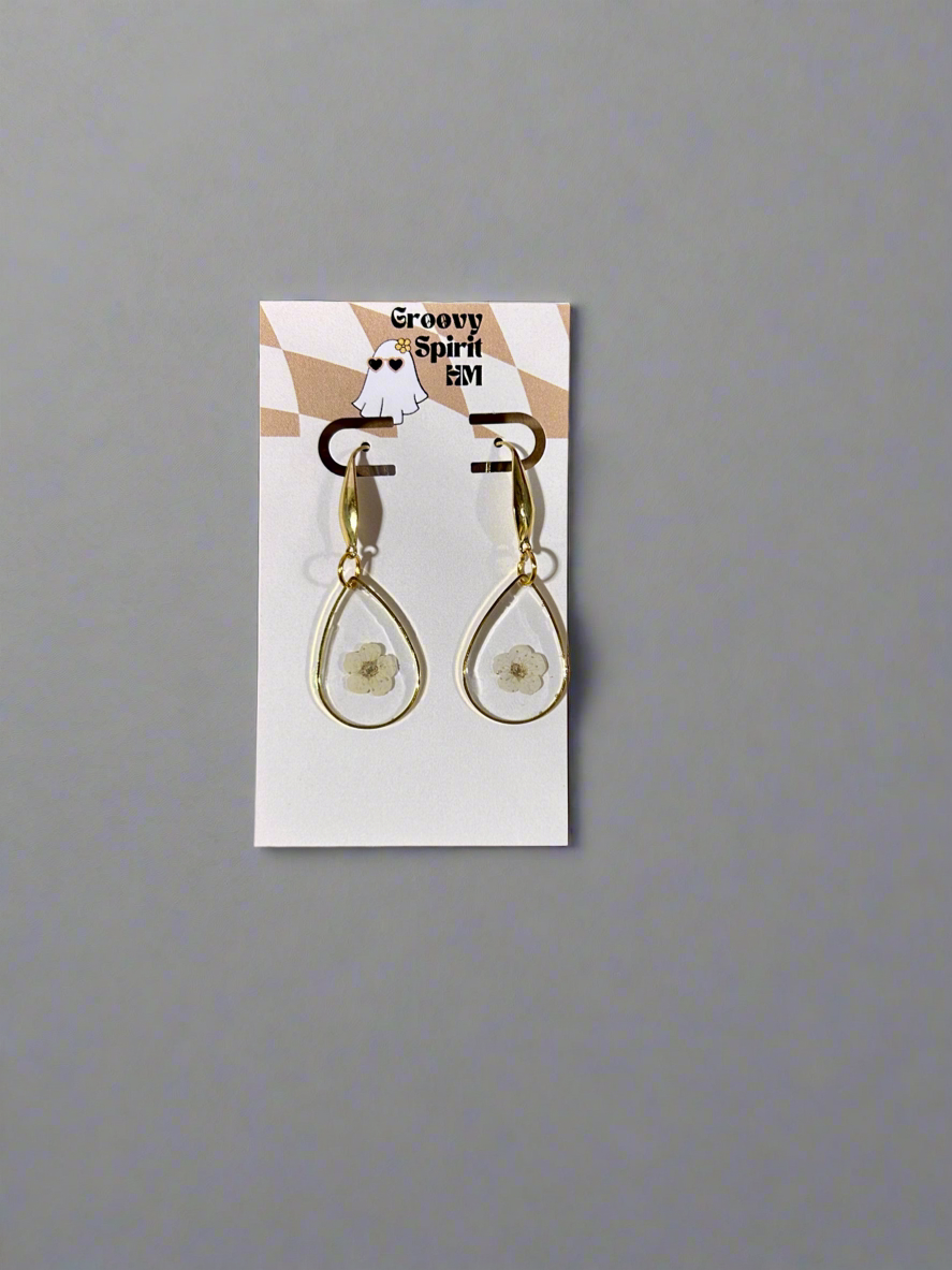 Gold tear drop plum blossom dangle earrings