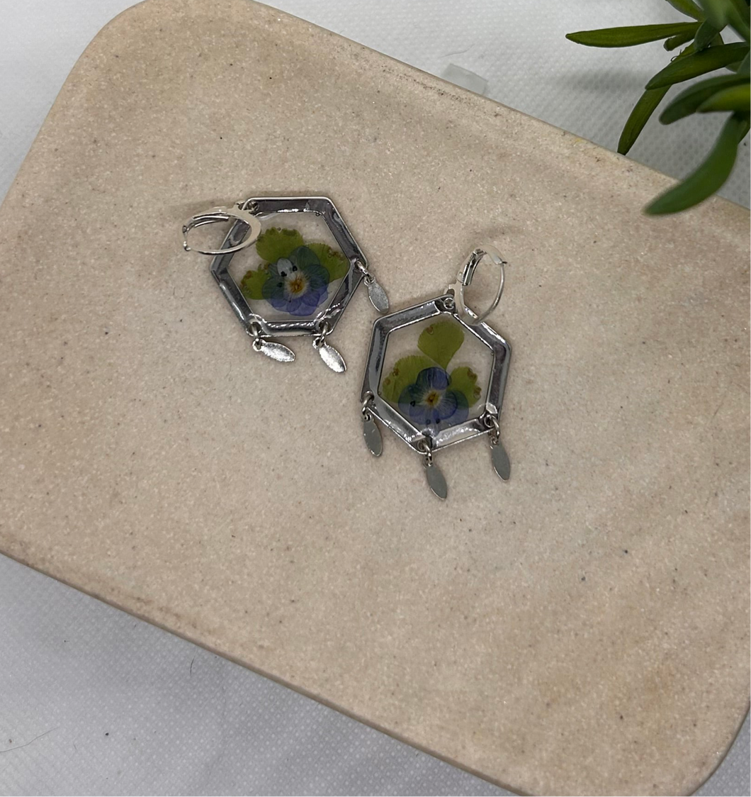 Silver hexagon floral earrings