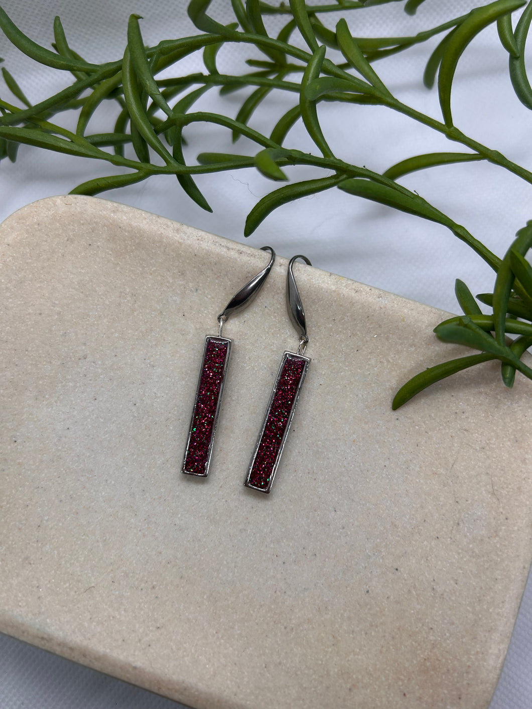 Pink glitter silver bar dangle earrings