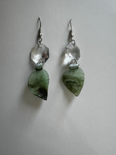 Load image into Gallery viewer, Silver Dangling Earrings with Vintage Glass Gems and Leaf Charms
