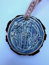 Load image into Gallery viewer, Hand Painted Wooden Ornament - Blue Flower Illustration
