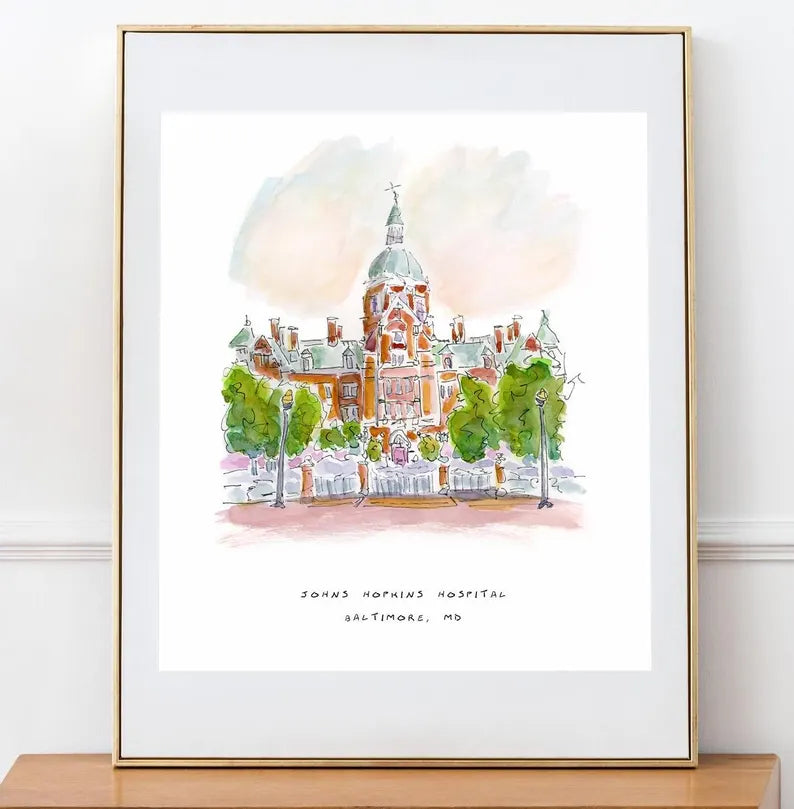 Johns Hopkins Hospital Watercolor Illustration 5 x 7